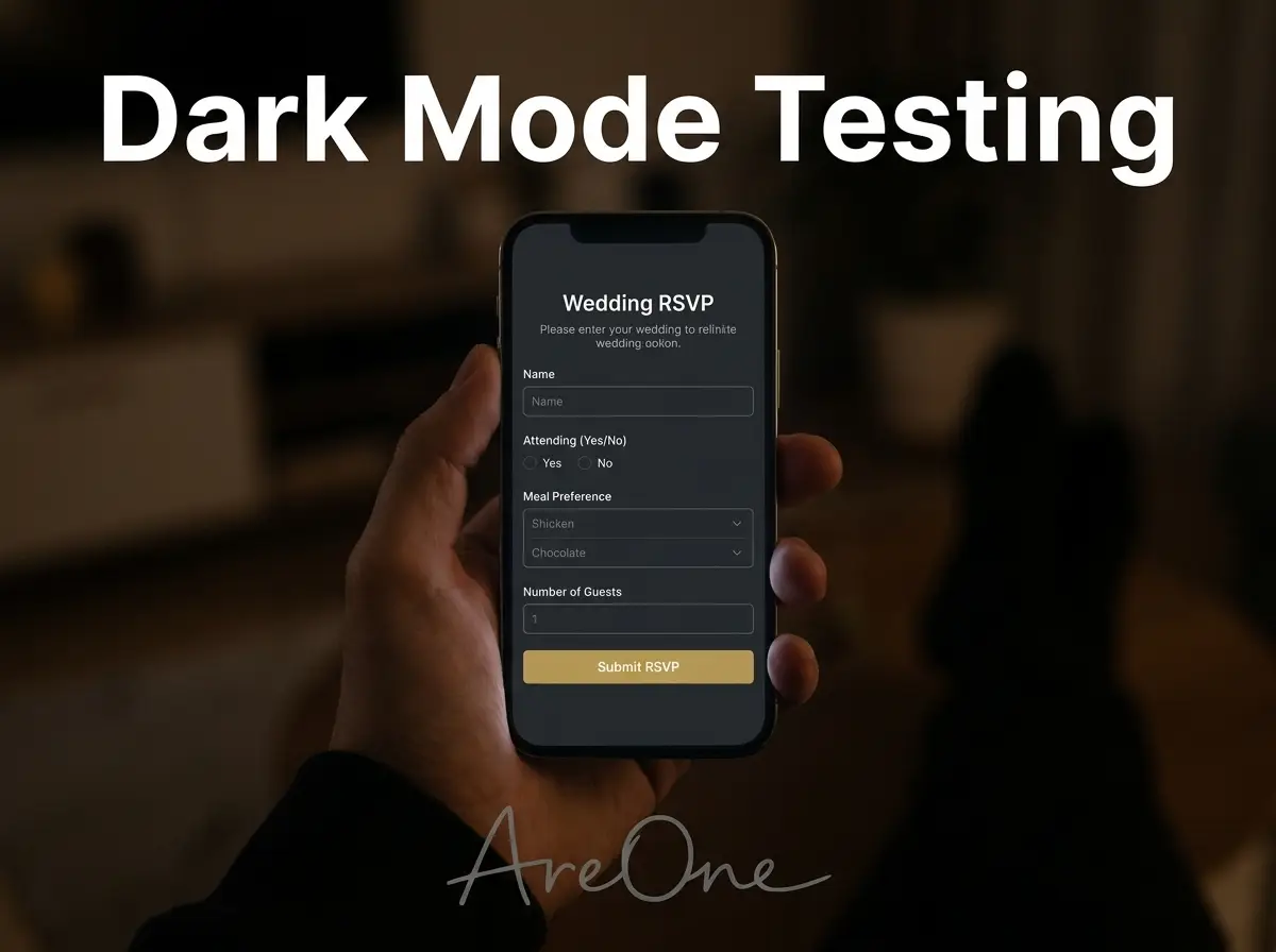 Person testing a digital wedding RSVP flow on a smartphone screen in dark mode to ensure clear visibility.