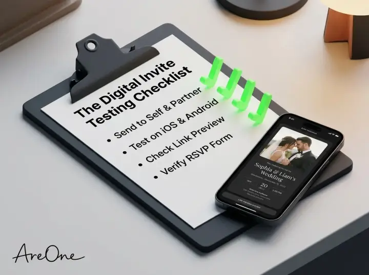 Checklist clipboard next to a smartphone displaying a wedding invitation link preview in dark mode, indicating critical testing steps for messaging apps.