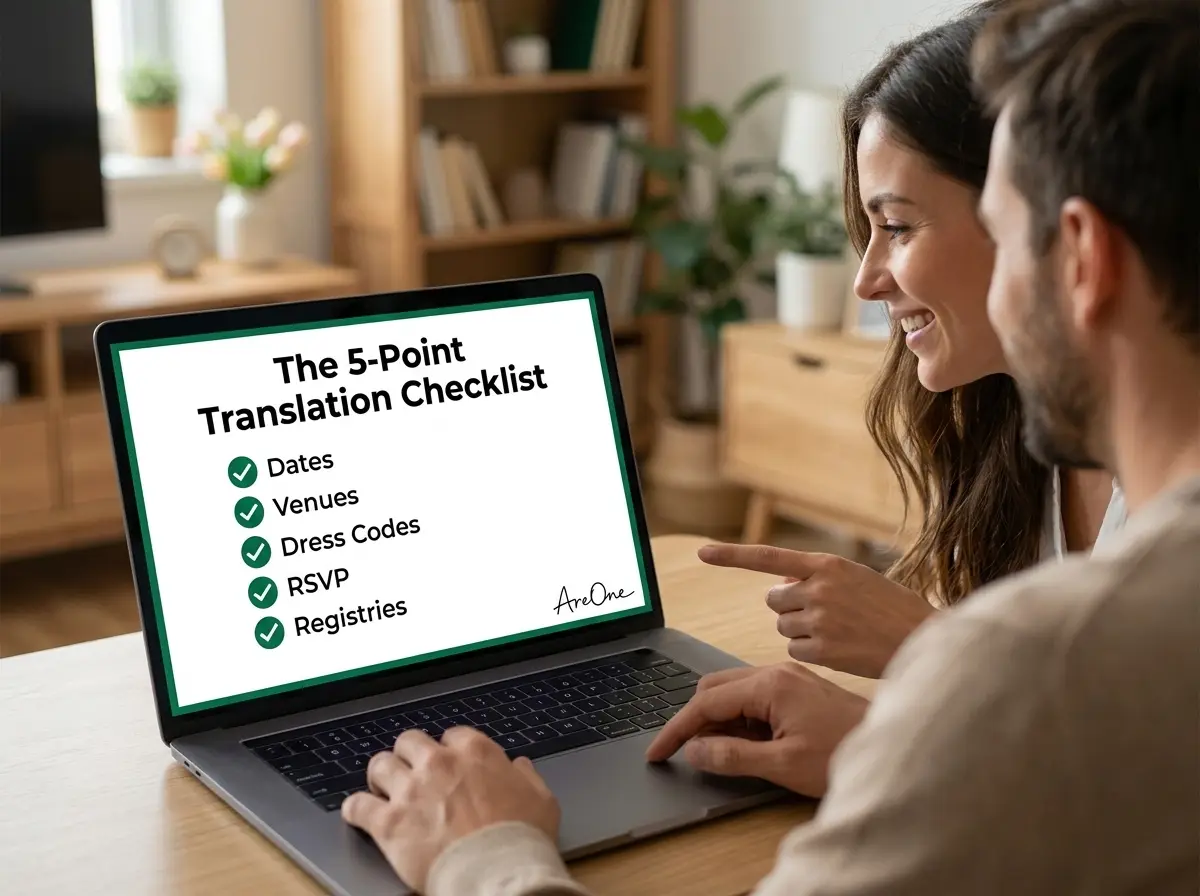 Couple at a laptop reviewing a 5-point translation checklist for their bilingual wedding details including dates, venues, and RSVPs.