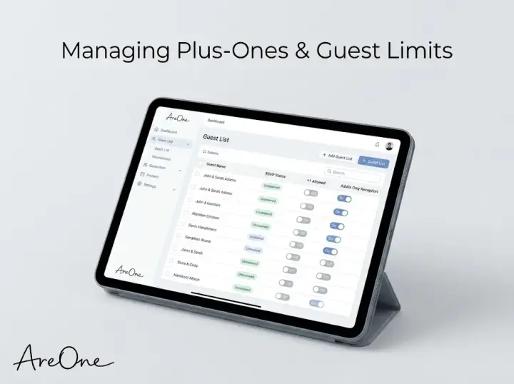 Tablet screen displaying a digital wedding guest list manager with clear options for plus-ones and adults-only rules.