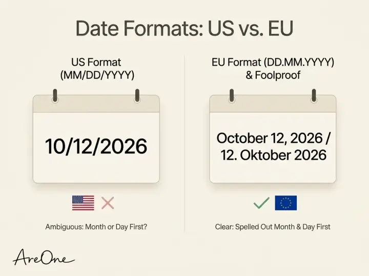 Close-up of an elegant calendar graphic showing the difference between American and European date formats for international wedding invitations.