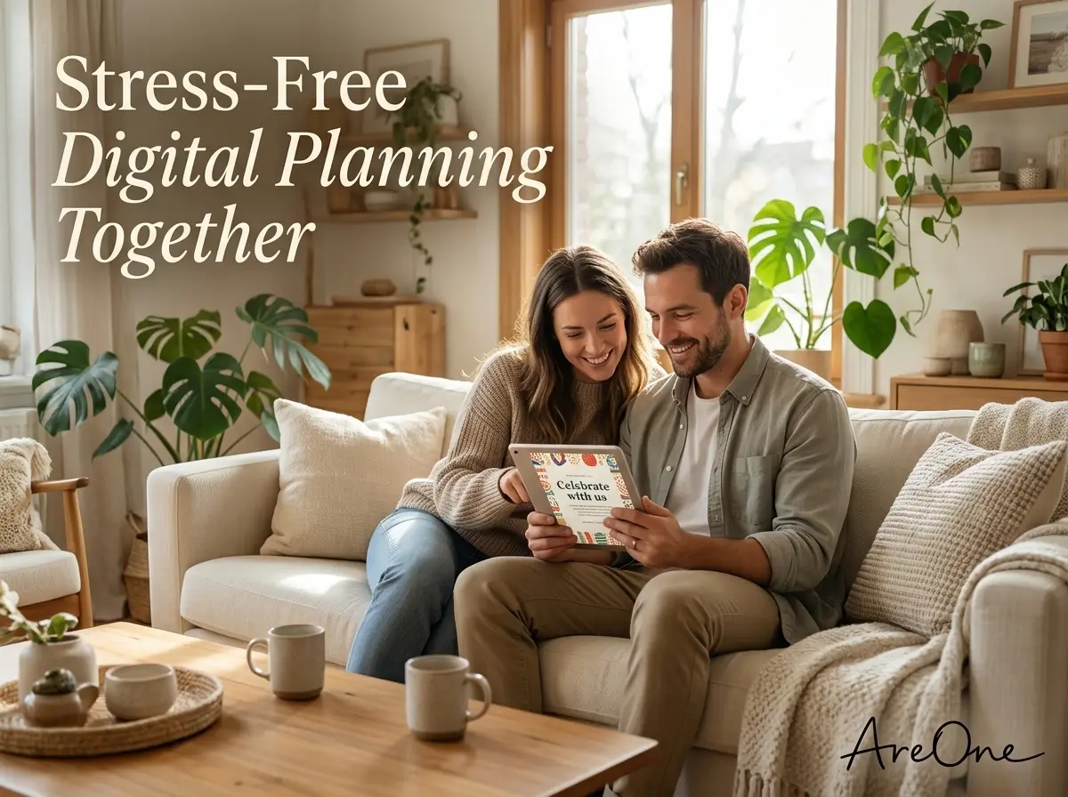 A smiling couple sitting on a cozy couch looking at a tablet together, reviewing their digital wedding invitation.
