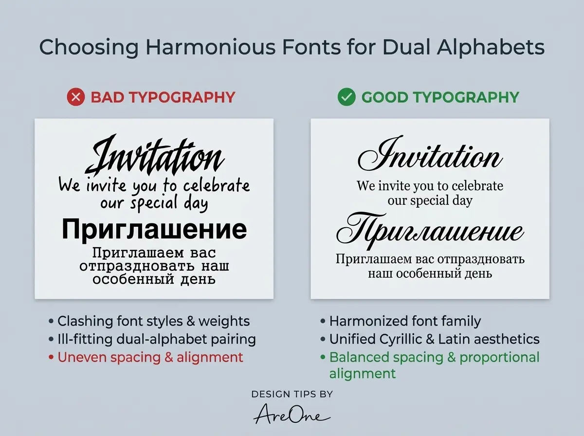 A comparison chart showing poor, clashing fonts versus harmonized, elegant fonts on a bilingual invitation.