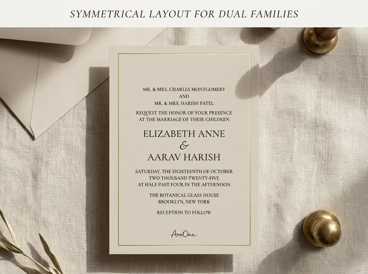 A mockup of a digital wedding invite with symmetrical, equal-weight wording for two families.