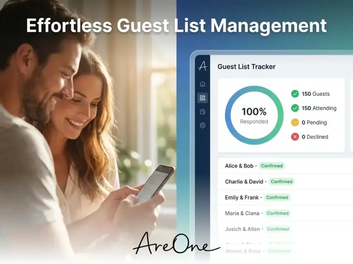 Split screen showing a couple on a smartphone and a digital wedding RSVP management dashboard tracking guest responses.