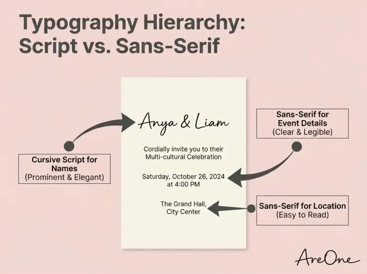 Diagram showing the anatomy and typography hierarchy of a multicultural wedding invitation.