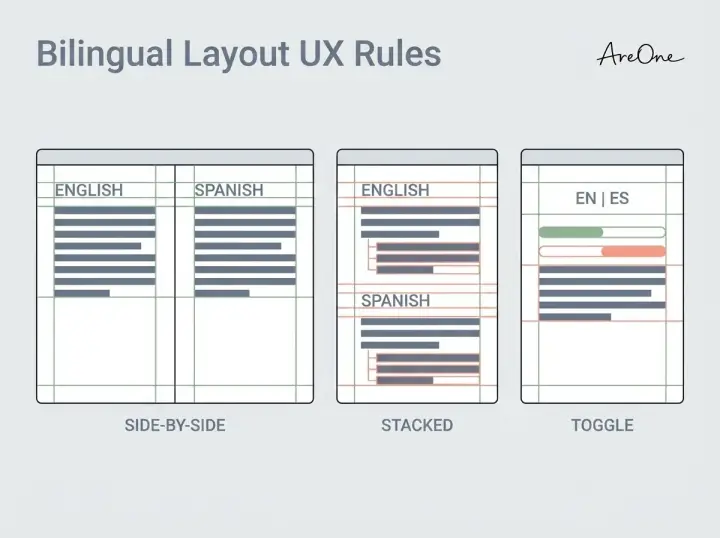A clean UI diagram showing visual hierarchy and typography rules for dual-language text alignment on digital wedding invitations.