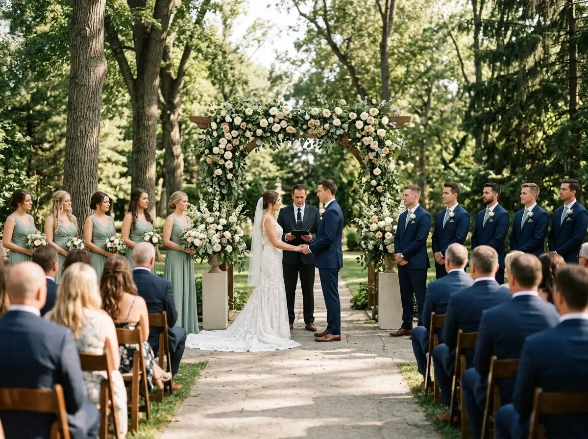 Couple standing at the altar during the wedding ceremony order of events, with the wedding party lined up on each side