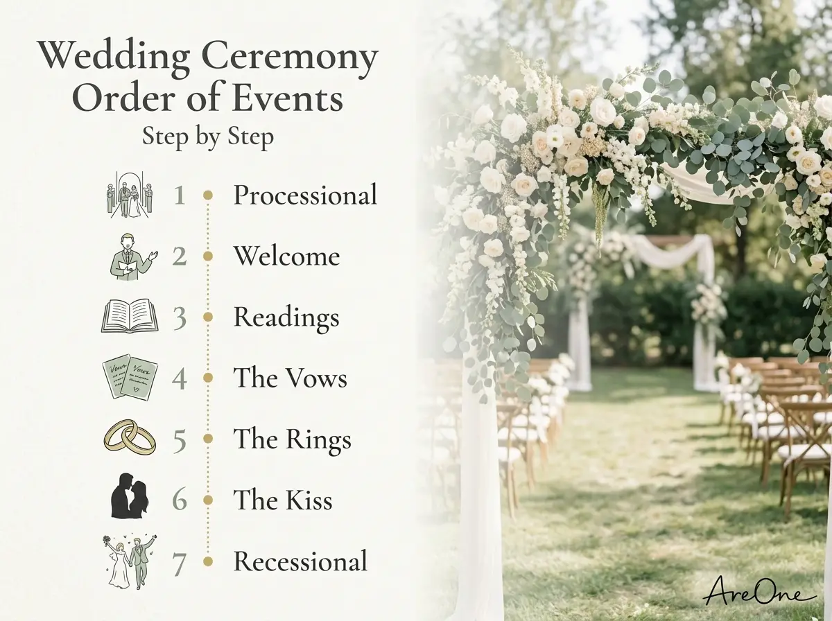 Wedding ceremony order of events timeline from processional to recessional
