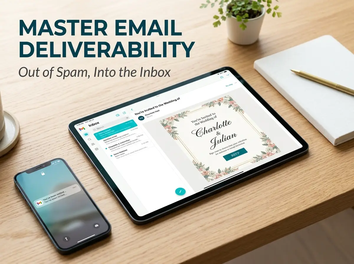 A tablet on a wooden desk displaying a successfully delivered wedding invitation email in a clean inbox.