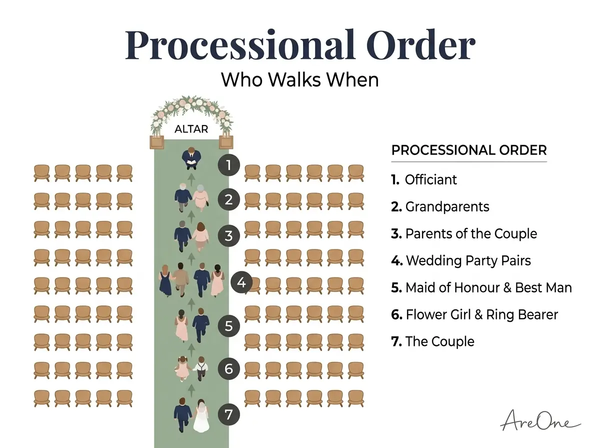 Processional order diagram showing the officiant, parents, wedding party, flower girl, ring bearer and couple walking down the aisle in sequence
