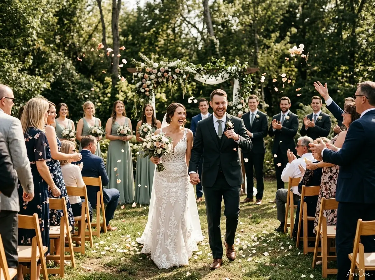 Newly married couple leading the recessional order wedding party back up the aisle as guests cheer