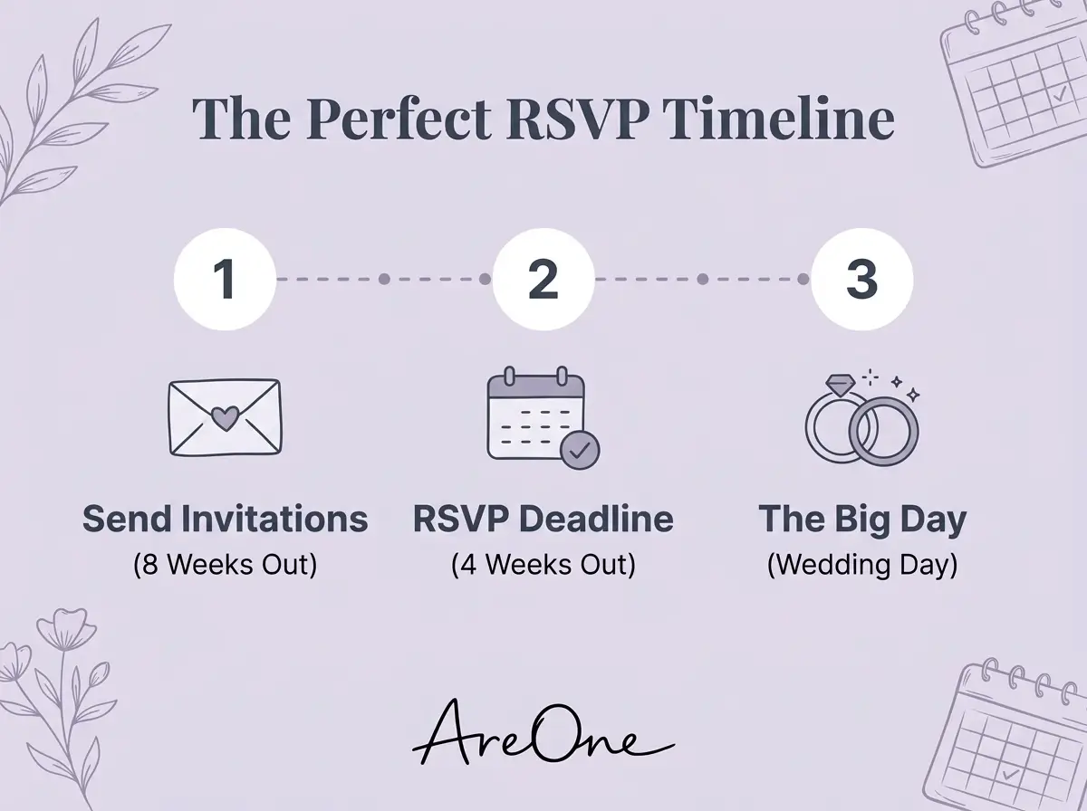 A clean horizontal calendar graphic showing the timeline for sending invites, setting the RSVP deadline, and the wedding day.