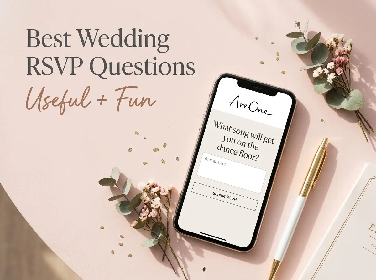 A smartphone displaying a fun RSVP song request question on a blush pink desk with gold confetti.