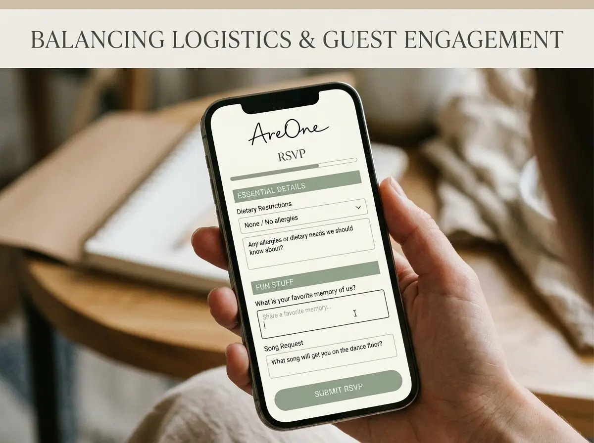 Close-up of a mobile screen showing a wedding RSVP form with sections for dietary restrictions and fun guest questions.