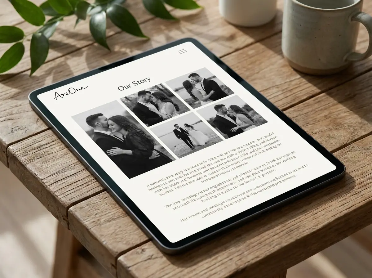 A tablet showing a modern wedding invitation template with an engagement photo gallery and a love story section.