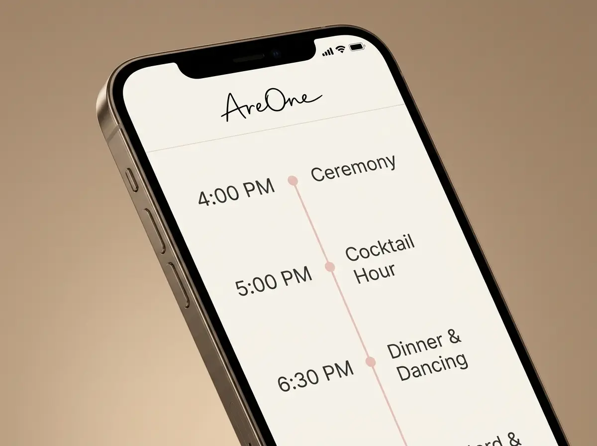 Smartphone displaying a mobile-friendly wedding timeline layout with crisp typography and clear hourly timing.