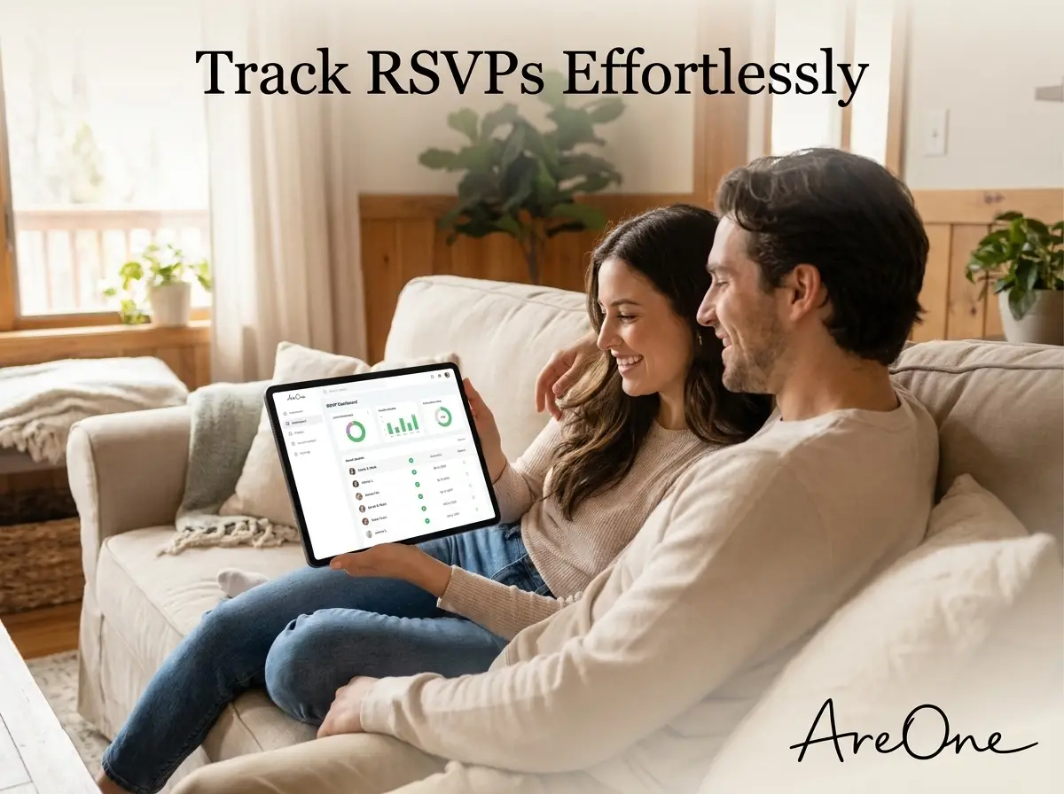 A smiling couple sitting on a sofa and looking at a tablet displaying a clean wedding RSVP dashboard.