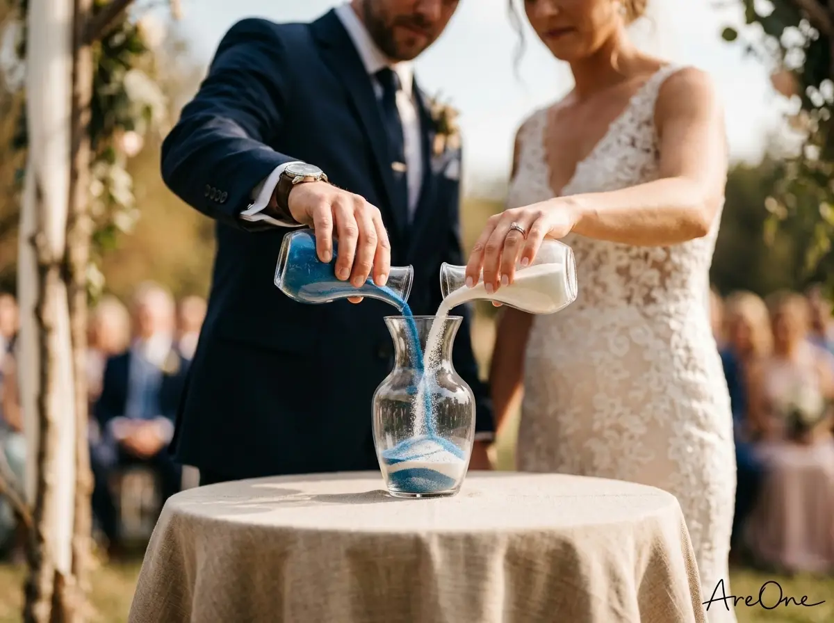 Couple pouring coloured sand into one vase during a unity ritual at their wedding ceremony
