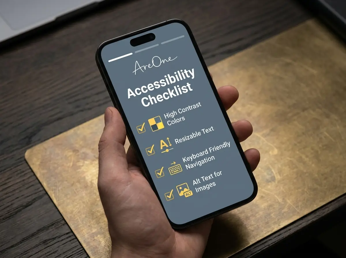 Wedding website accessibility tips on a smartphone screen.