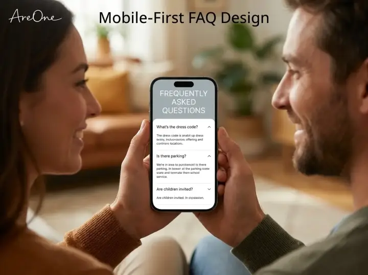 A happy couple viewing a clean, easy-to-read wedding website FAQ on a modern smartphone.