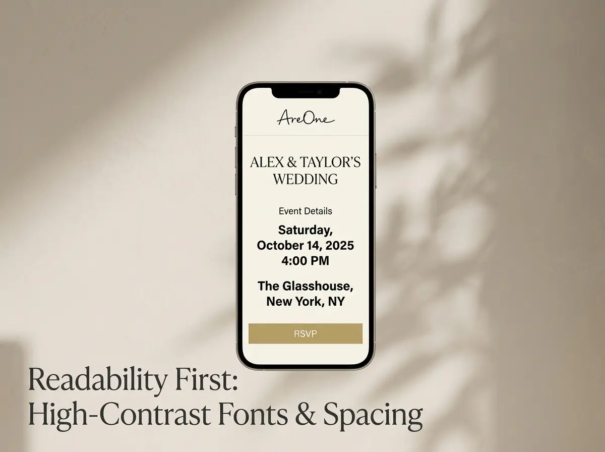 An elegant smartphone mockup showing high-contrast typography and clean spacing on a mobile wedding website.