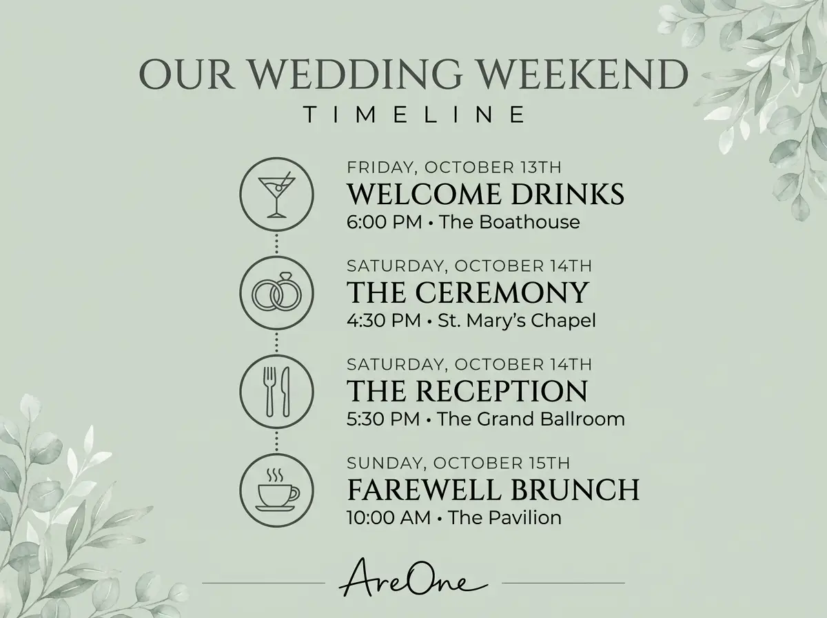 A clean, minimalist vertical infographic timeline showing a wedding weekend schedule with elegant icons.