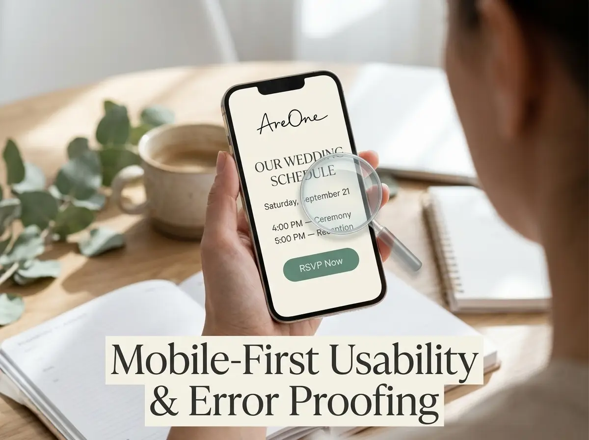 Close-up of a person checking a mobile wedding website with clear text and a prominent RSVP button.