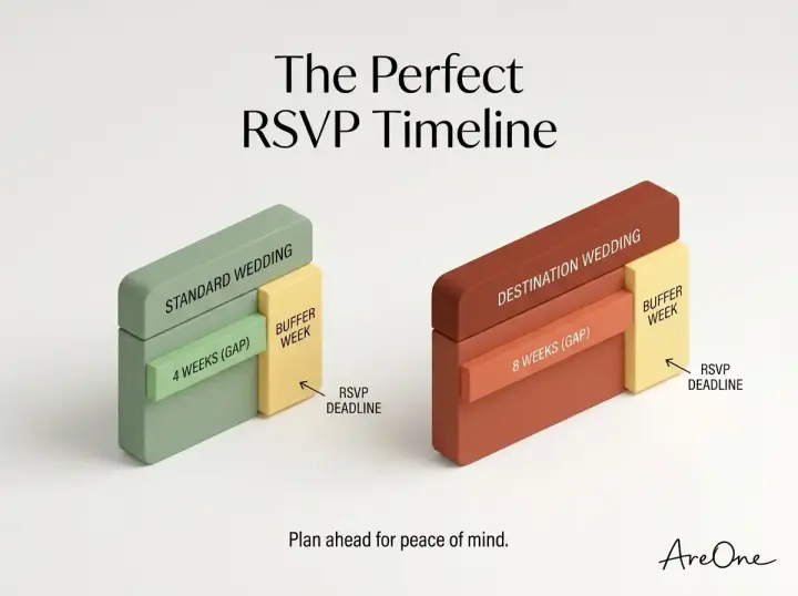 Planning an ideal timeline for wedding replies, showing specific cutoffs for standard and destination weddings.