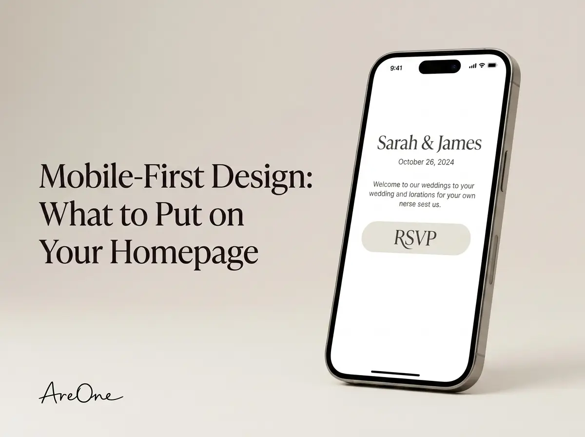 A 3D mockup of a smartphone displaying an elegant AreOne wedding website template with a prominent RSVP button.