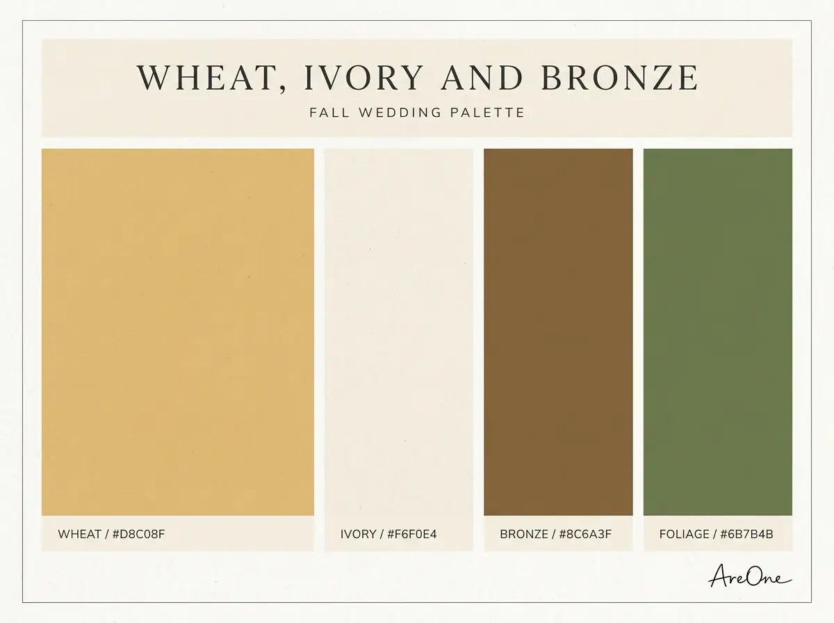 Wheat, Ivory and Bronze fall wedding colors palette swatch with hex codes #D8C08F #F6F0E4 #8C6A3F #6B7B4B