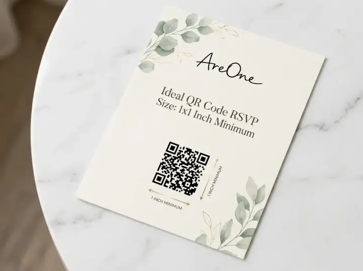 Elegant paper stationery featuring a modern QR code RSVP with a visual sizing guide indicating a 1 by 1 inch minimum for mobile scanning.