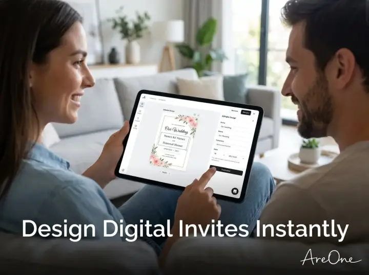 A couple on a couch happily designing a digital wedding invitation on a tablet, with the text "Design Digital Invites Instantly" on the screen.