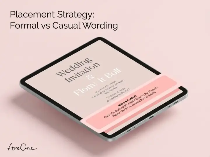A digital wedding invite displaying elegant formal vs casual wording and context details.