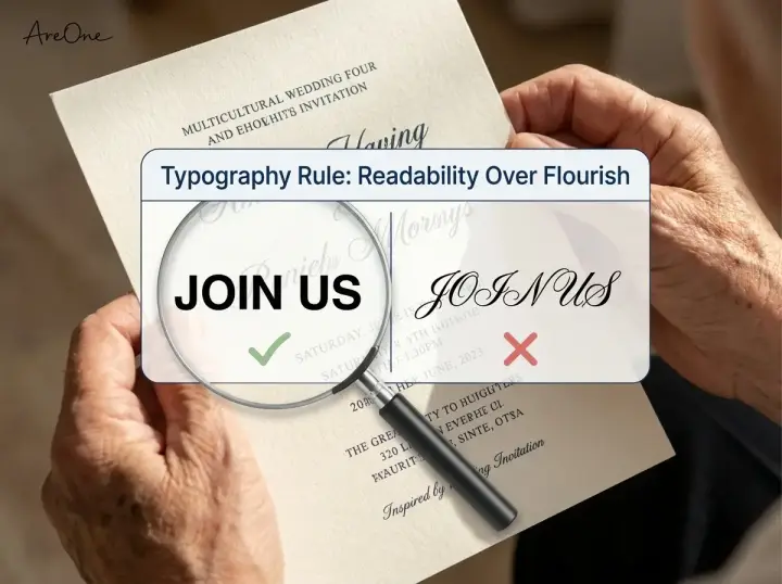 Close-up of elderly hands holding a multicultural wedding invite, highlighting the difference between legible serif fonts and unreadable script fonts.