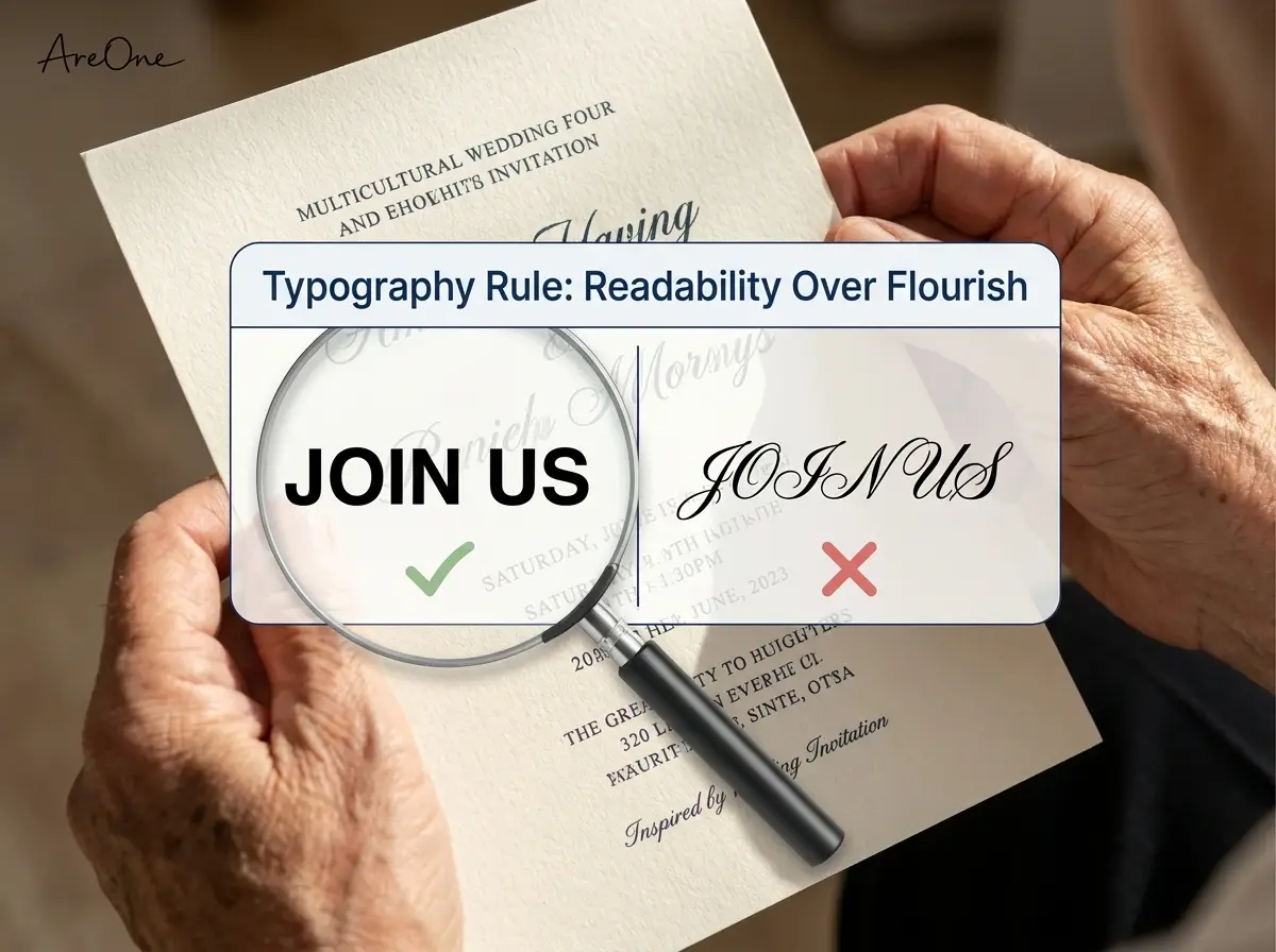 Close-up of elderly hands holding a multicultural wedding invite, highlighting the difference between legible serif fonts and unreadable script fonts.