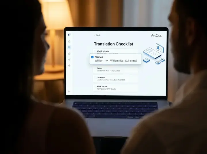 Over the shoulder view of a couple using a laptop to review their bilingual wedding invitation translation checklist, highlighting rules for proper names.