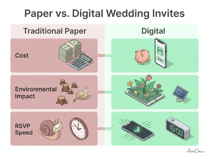 Comparison chart showing the cost, environmental impact, and RSVP speed of traditional paper wedding invitations versus paperless digital invitations.