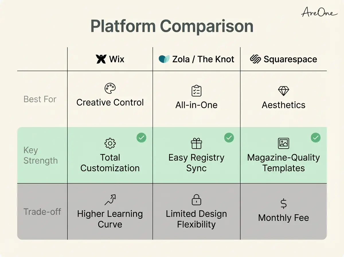 A comparison chart detailing the pros and cons of Wix, Zola, The Knot, and Squarespace for wedding websites.