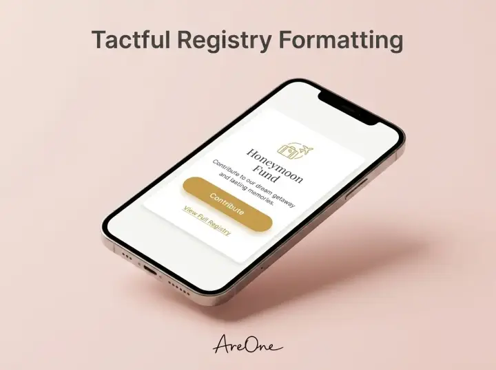 A screenshot of an elegantly formatted wedding registry and honeymoon fund section on a smartphone.